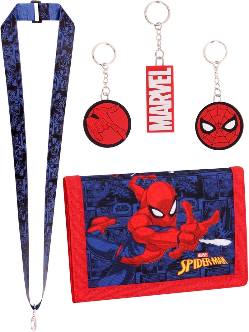 MARVEL Spiderman Boys Wallet 3 PC Keychain and Lanyard Set - Canvas Wallets with Zipped Coin holder and Card Slots. - Image 1